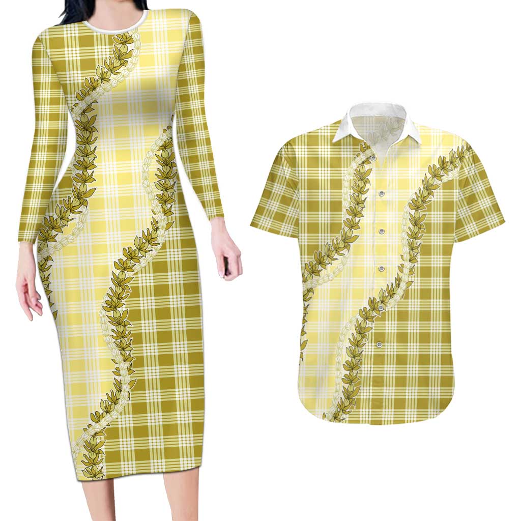 Yellow Hawaii Palaka Couples Matching Long Sleeve Bodycon Dress and Hawaiian Shirt Hawaiian Pikake Lei