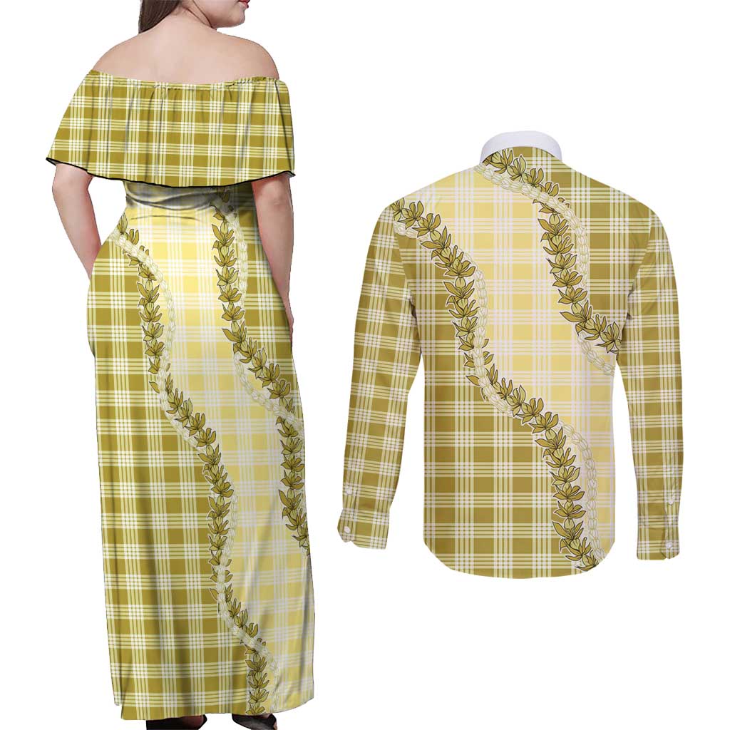 Yellow Hawaii Palaka Couples Matching Off Shoulder Maxi Dress and Long Sleeve Button Shirt Hawaiian Pikake Lei