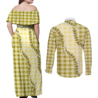 Yellow Hawaii Palaka Couples Matching Off Shoulder Maxi Dress and Long Sleeve Button Shirt Hawaiian Pikake Lei