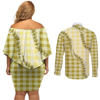 Yellow Hawaii Palaka Couples Matching Off Shoulder Short Dress and Long Sleeve Button Shirt Hawaiian Pikake Lei