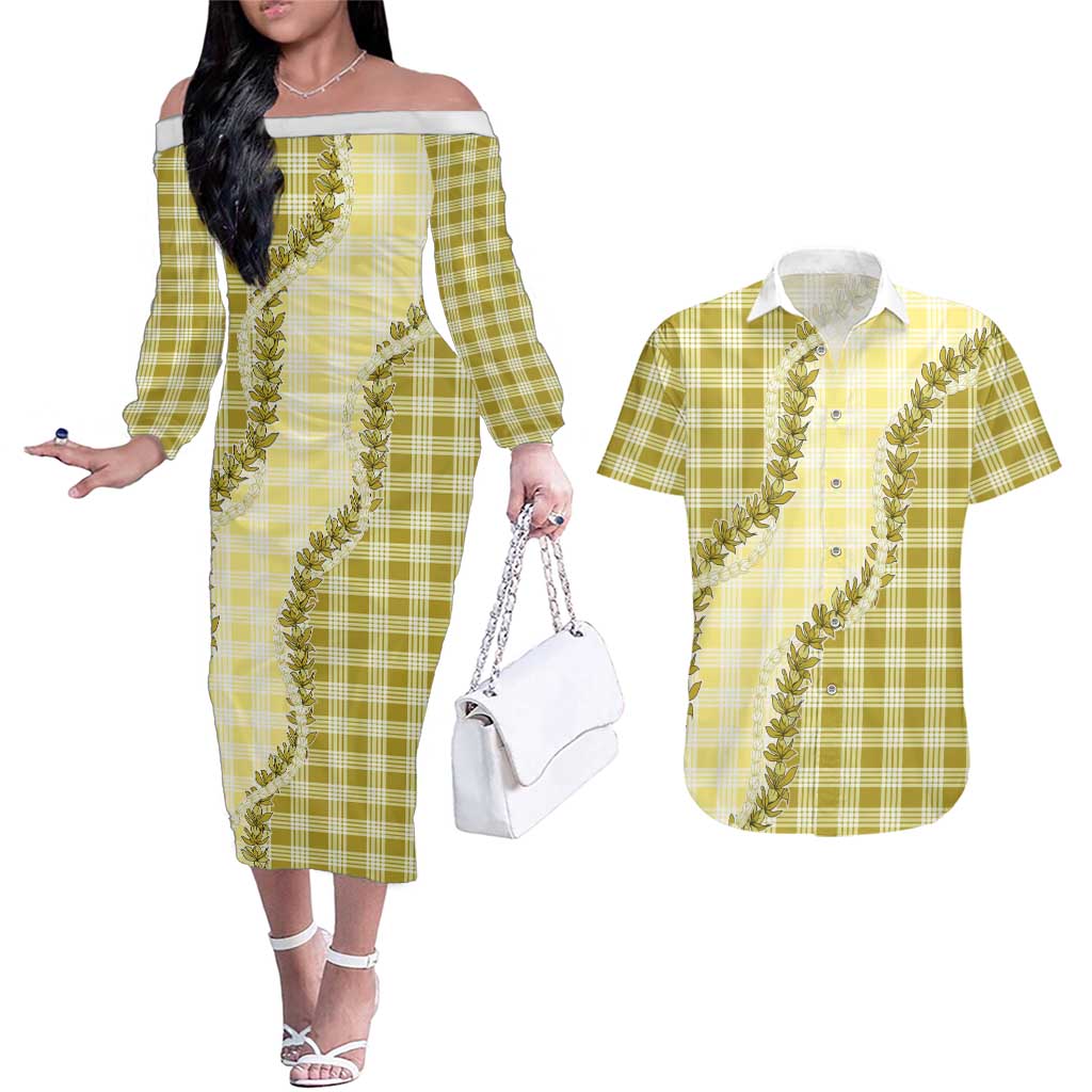 Yellow Hawaii Palaka Couples Matching Off The Shoulder Long Sleeve Dress and Hawaiian Shirt Hawaiian Pikake Lei