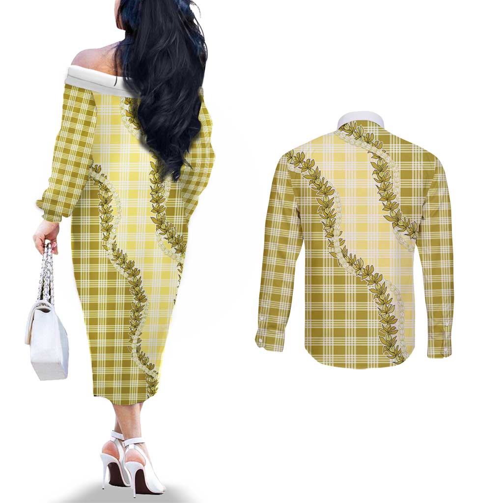 Yellow Hawaii Palaka Couples Matching Off The Shoulder Long Sleeve Dress and Long Sleeve Button Shirt Hawaiian Pikake Lei