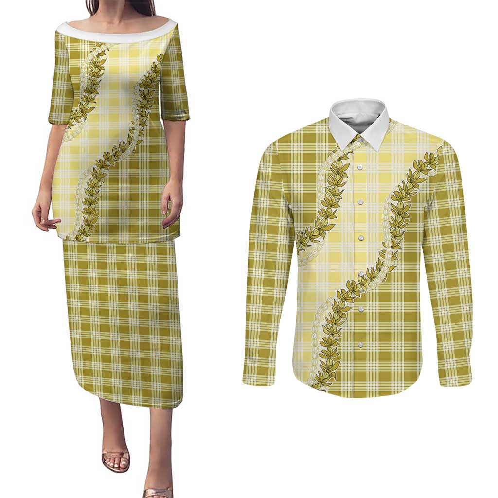 Yellow Hawaii Palaka Couples Matching Puletasi and Long Sleeve Button Shirt Hawaiian Pikake Lei