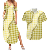 Yellow Hawaii Palaka Couples Matching Summer Maxi Dress and Hawaiian Shirt Hawaiian Pikake Lei