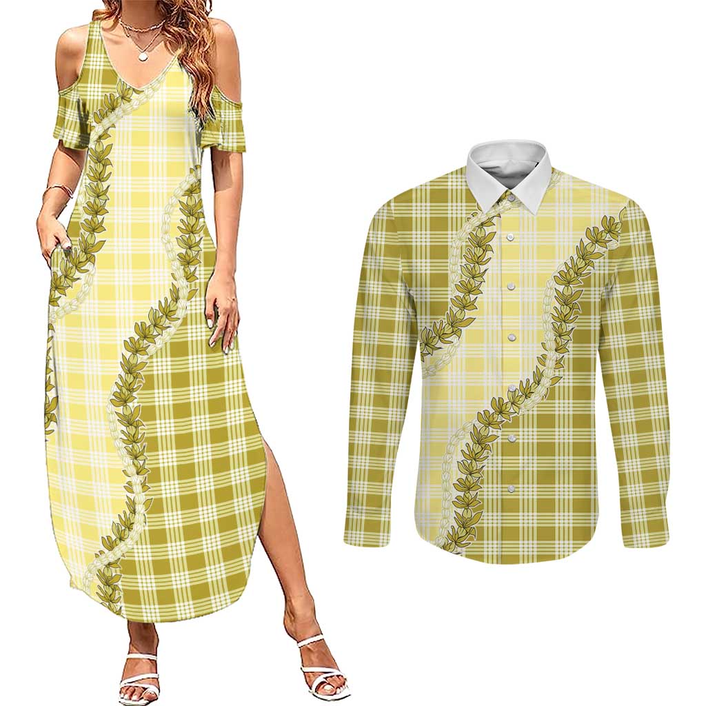 Yellow Hawaii Palaka Couples Matching Summer Maxi Dress and Long Sleeve Button Shirt Hawaiian Pikake Lei