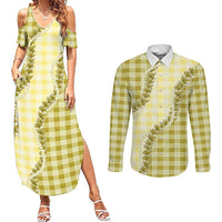 Yellow Hawaii Palaka Couples Matching Summer Maxi Dress and Long Sleeve Button Shirt Hawaiian Pikake Lei