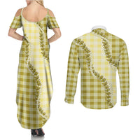 Yellow Hawaii Palaka Couples Matching Summer Maxi Dress and Long Sleeve Button Shirt Hawaiian Pikake Lei