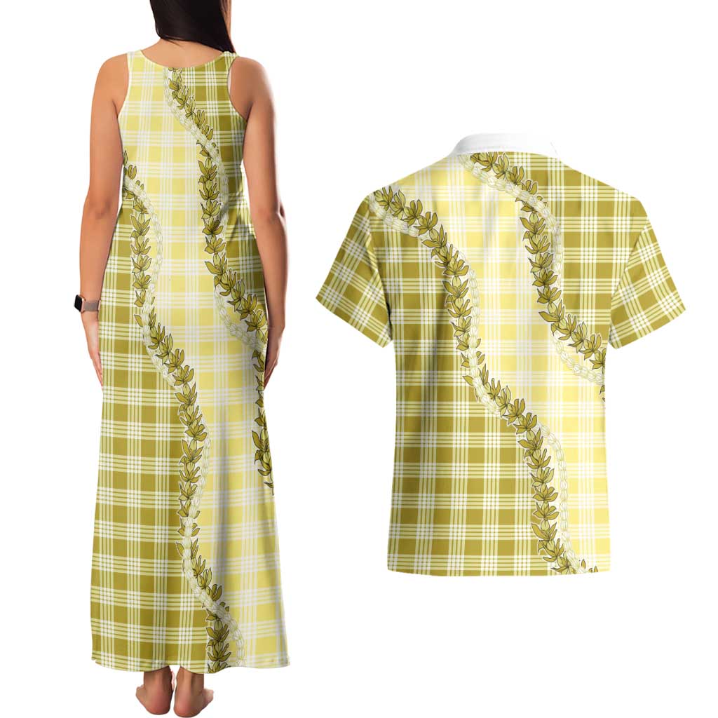 Yellow Hawaii Palaka Couples Matching Tank Maxi Dress and Hawaiian Shirt Hawaiian Pikake Lei