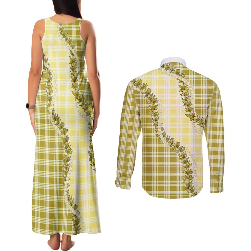 Yellow Hawaii Palaka Couples Matching Tank Maxi Dress and Long Sleeve Button Shirt Hawaiian Pikake Lei