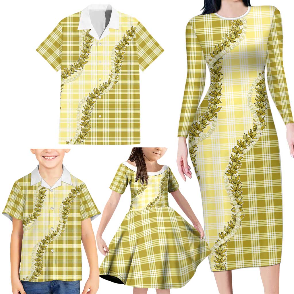 Yellow Hawaii Palaka Family Matching Long Sleeve Bodycon Dress and Hawaiian Shirt Hawaiian Pikake Lei