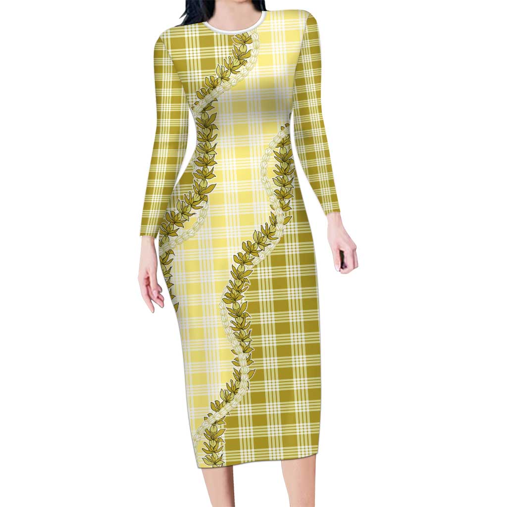 Yellow Hawaii Palaka Family Matching Long Sleeve Bodycon Dress and Hawaiian Shirt Hawaiian Pikake Lei LT05 Mom's Dress Yellow - Polynesian Pride