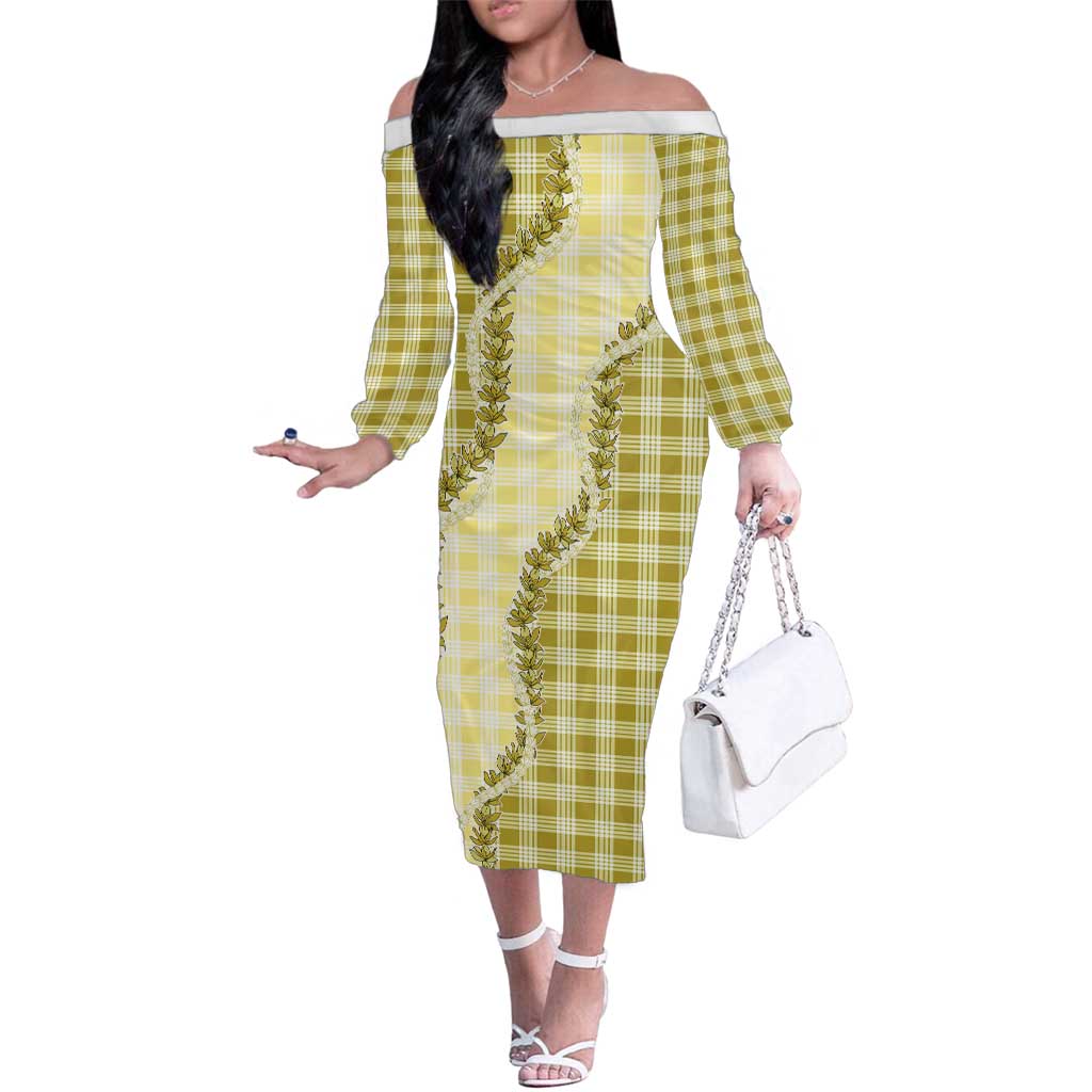 Yellow Hawaii Palaka Family Matching Off The Shoulder Long Sleeve Dress and Hawaiian Shirt Hawaiian Pikake Lei LT05 Mom's Dress Yellow - Polynesian Pride