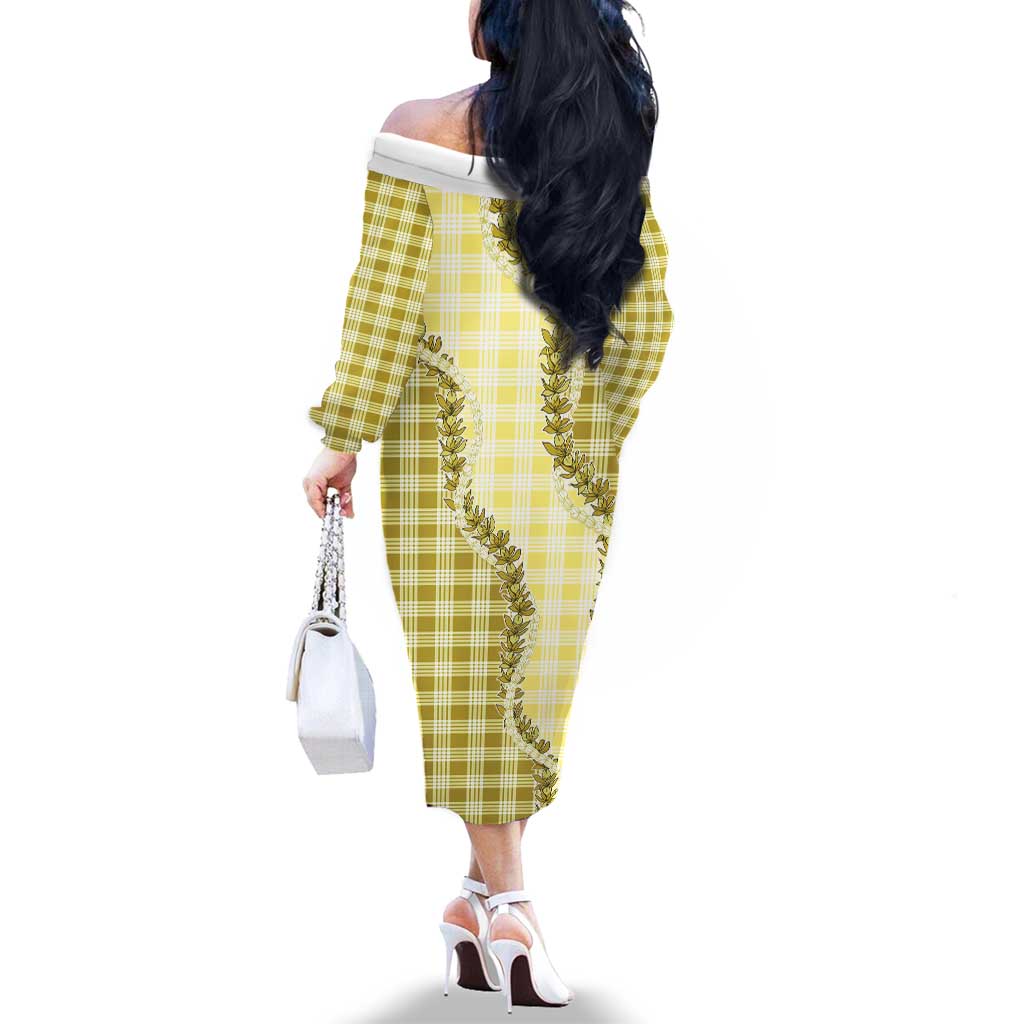 Yellow Hawaii Palaka Family Matching Off The Shoulder Long Sleeve Dress and Hawaiian Shirt Hawaiian Pikake Lei LT05 - Polynesian Pride