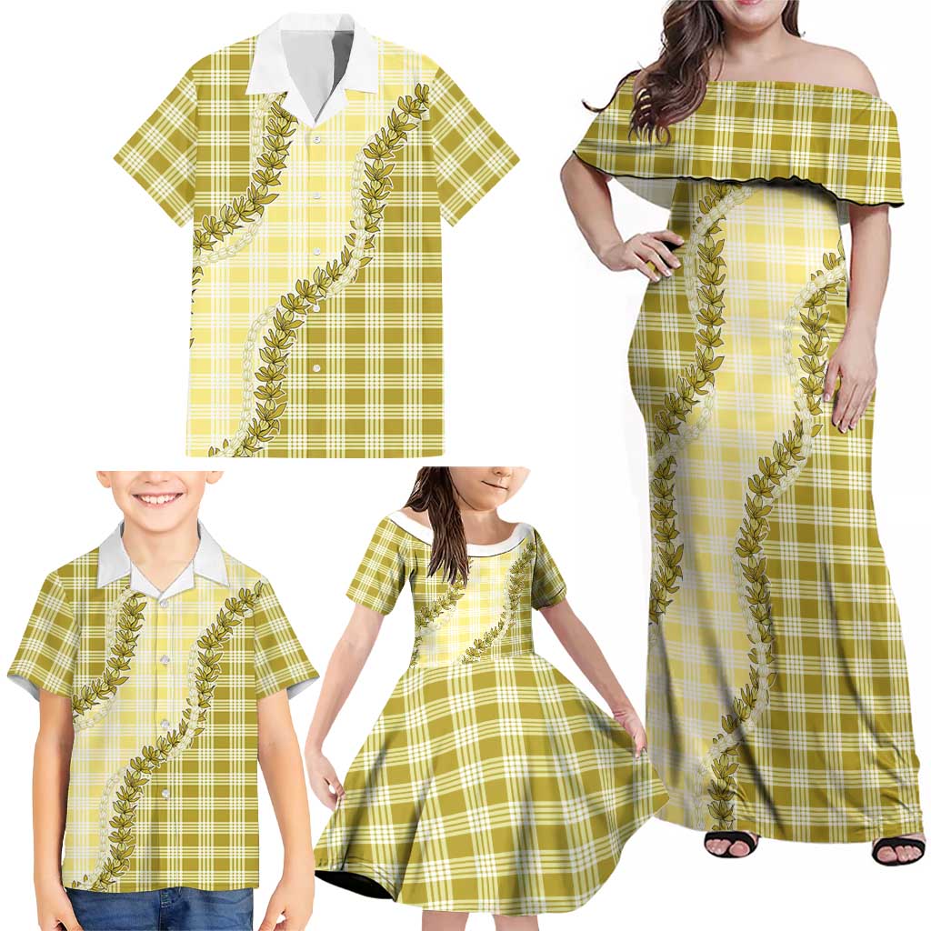 Yellow Hawaii Palaka Family Matching Off Shoulder Maxi Dress and Hawaiian Shirt Hawaiian Pikake Lei
