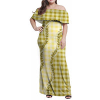Yellow Hawaii Palaka Family Matching Off Shoulder Maxi Dress and Hawaiian Shirt Hawaiian Pikake Lei LT05 Mom's Dress Yellow - Polynesian Pride