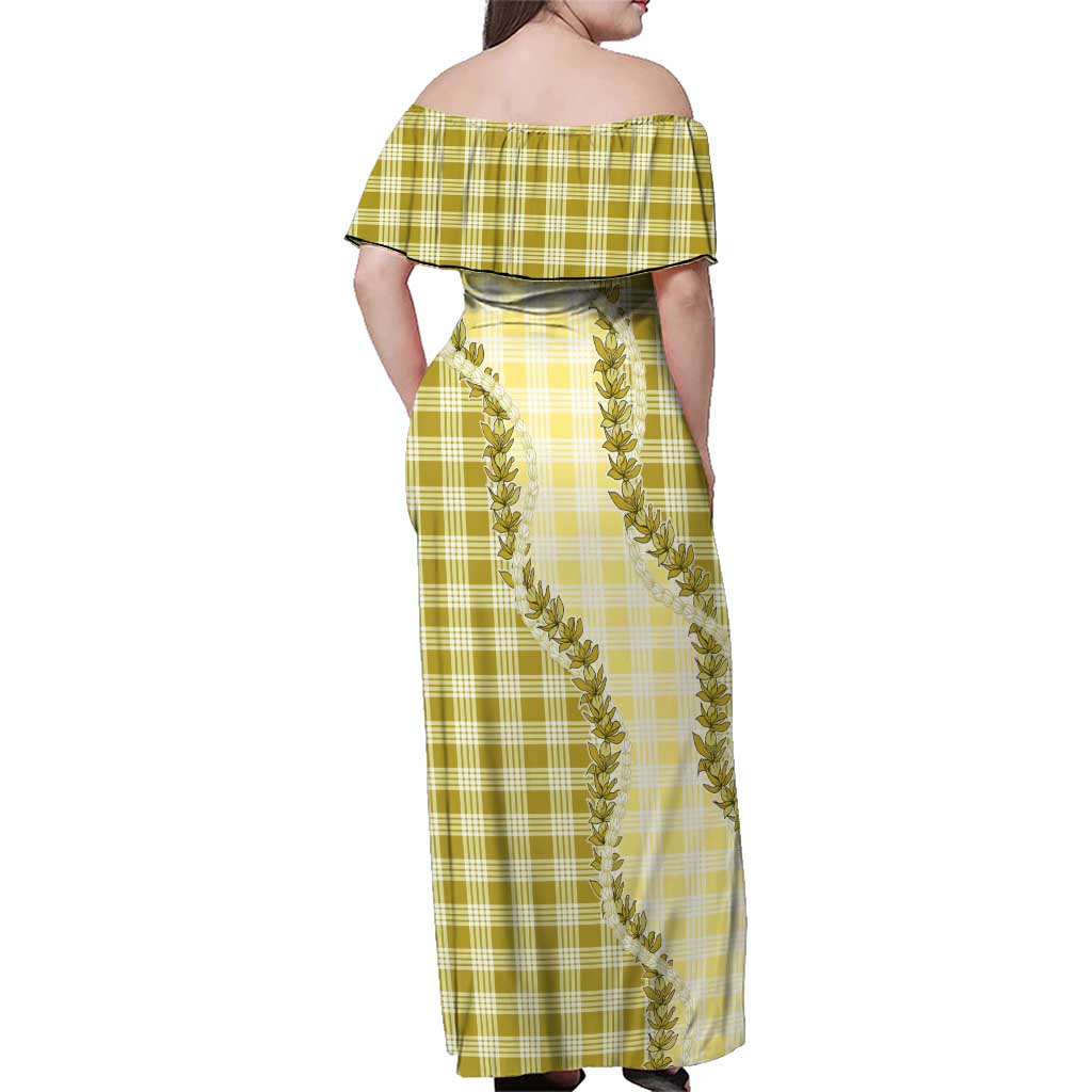 Yellow Hawaii Palaka Family Matching Off Shoulder Maxi Dress and Hawaiian Shirt Hawaiian Pikake Lei LT05 - Polynesian Pride