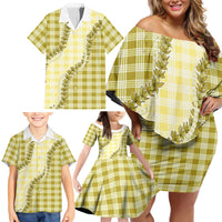 Yellow Hawaii Palaka Family Matching Off Shoulder Short Dress and Hawaiian Shirt Hawaiian Pikake Lei LT05 - Polynesian Pride