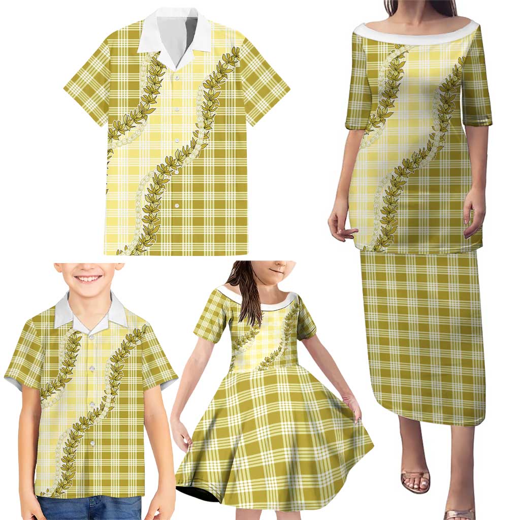 Yellow Hawaii Palaka Family Matching Puletasi and Hawaiian Shirt Hawaiian Pikake Lei