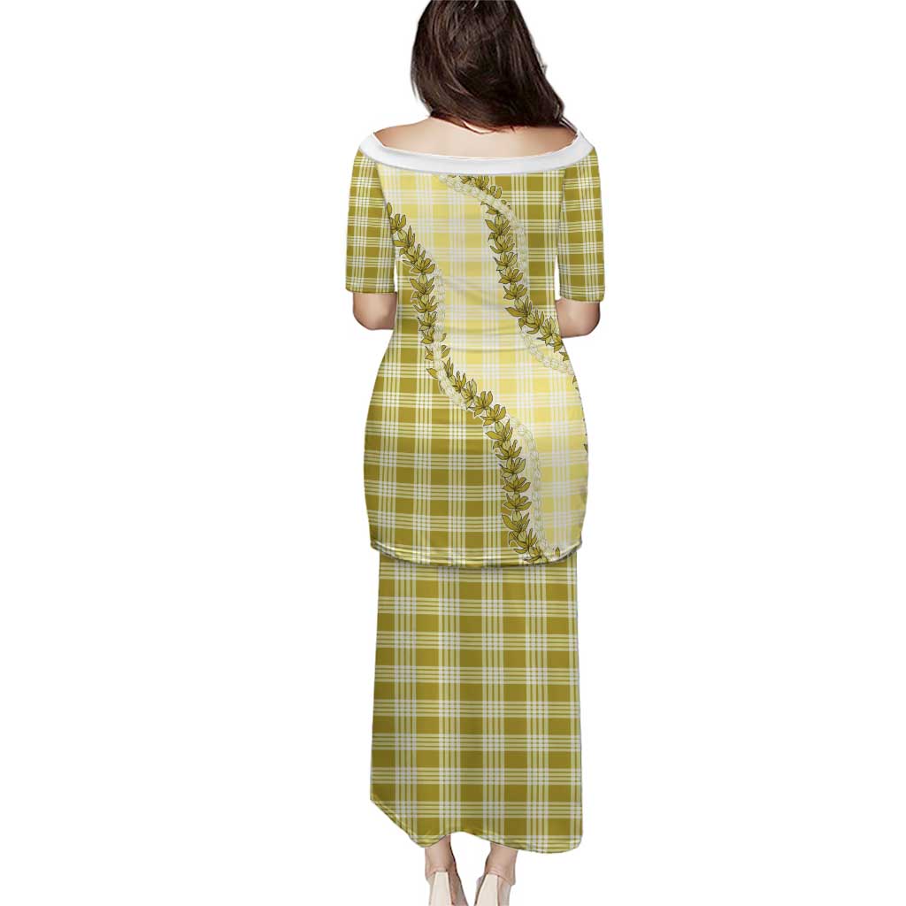 Yellow Hawaii Palaka Family Matching Puletasi and Hawaiian Shirt Hawaiian Pikake Lei