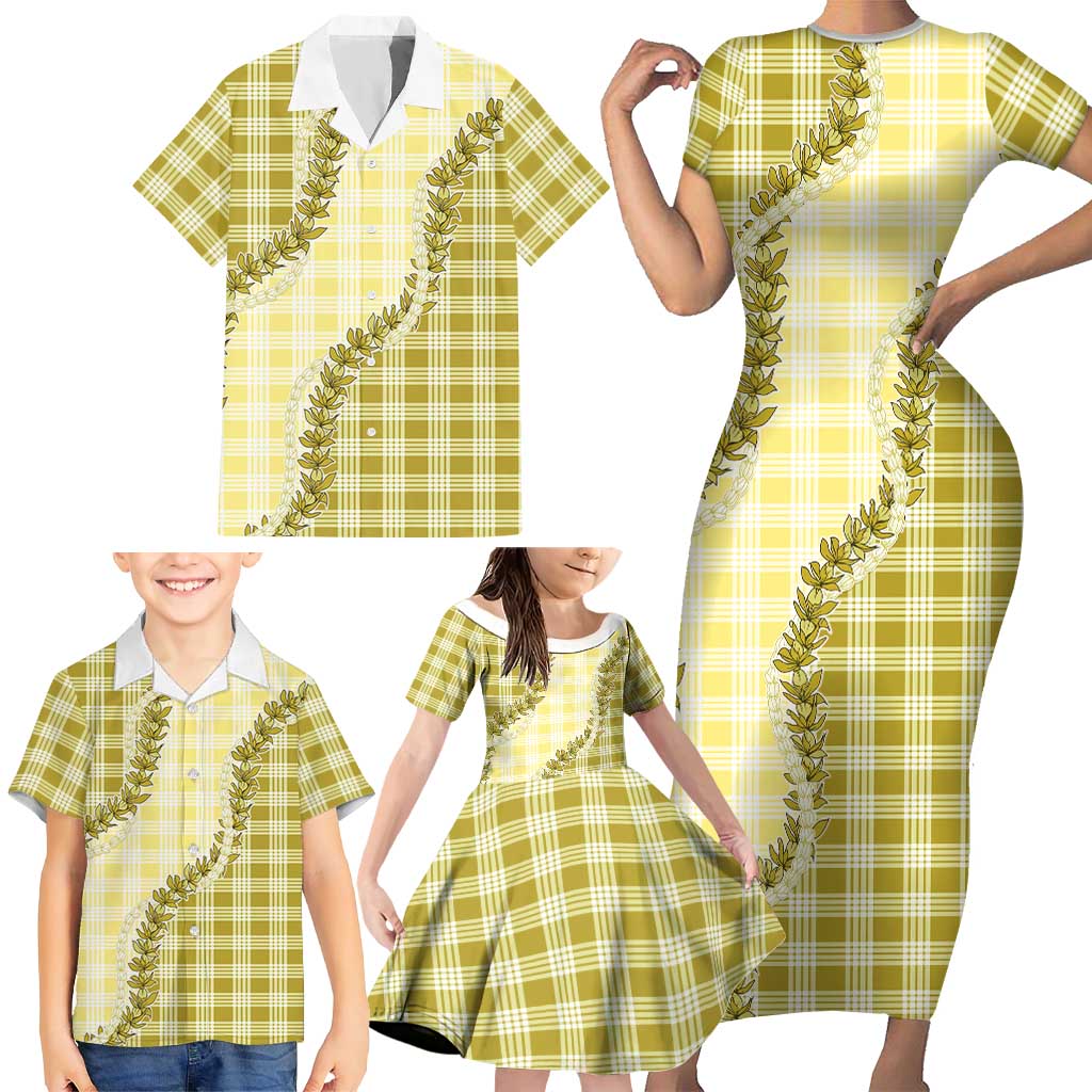 Yellow Hawaii Palaka Family Matching Short Sleeve Bodycon Dress and Hawaiian Shirt Hawaiian Pikake Lei LT05 - Polynesian Pride