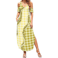 Yellow Hawaii Palaka Family Matching Summer Maxi Dress and Hawaiian Shirt Hawaiian Pikake Lei LT05 Mom's Dress Yellow - Polynesian Pride