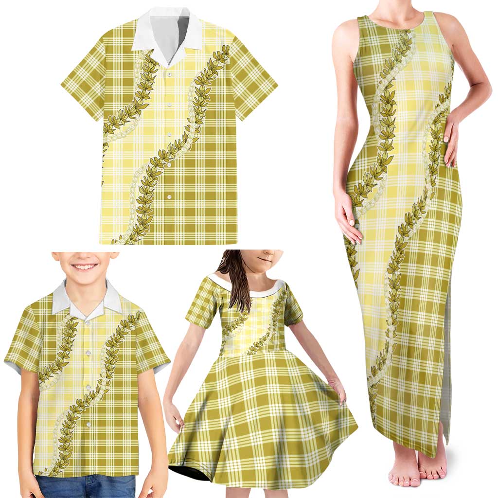 Yellow Hawaii Palaka Family Matching Tank Maxi Dress and Hawaiian Shirt Hawaiian Pikake Lei LT05 - Polynesian Pride