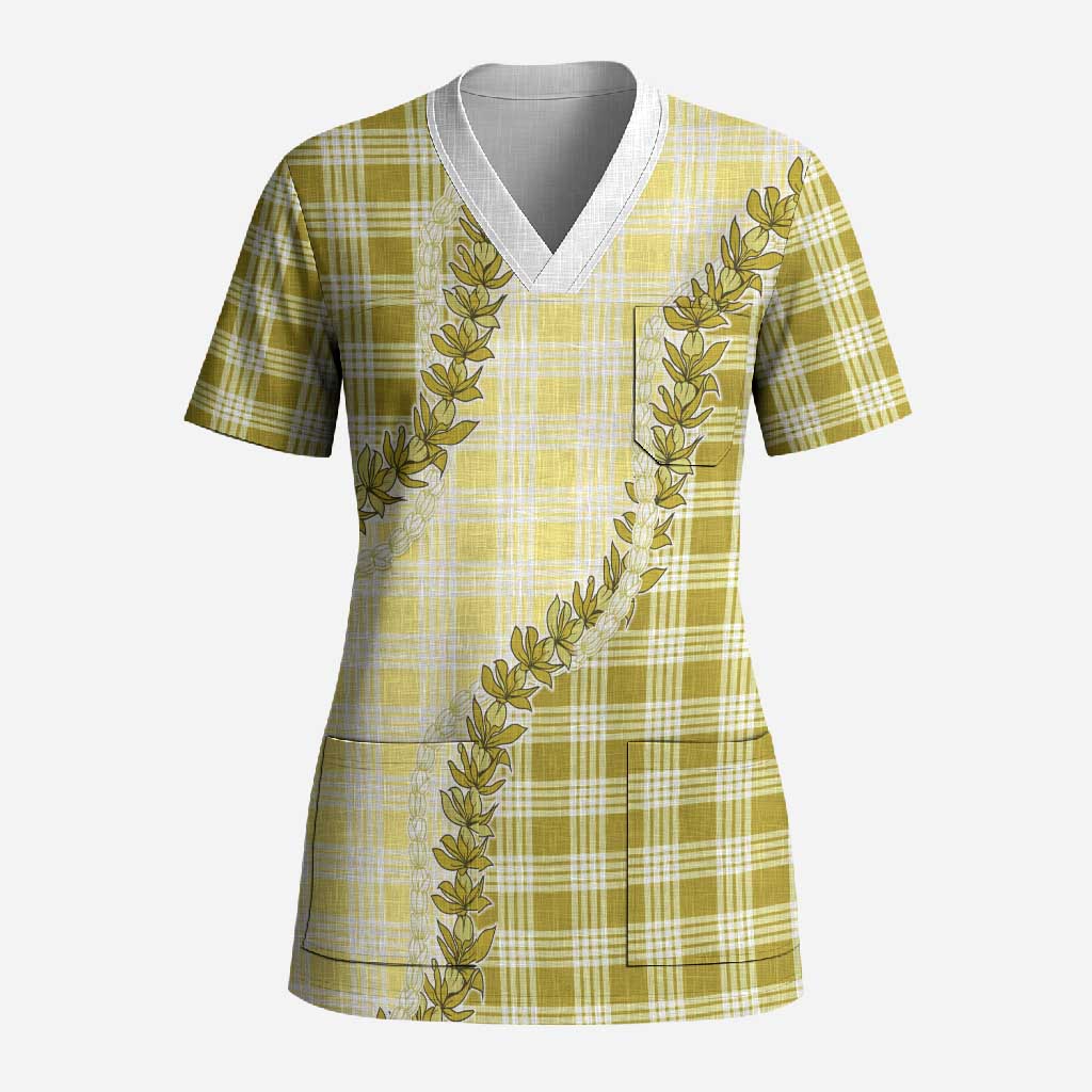 Yellow Hawaii Palaka Scrub Top Hawaiian Pikake Lei