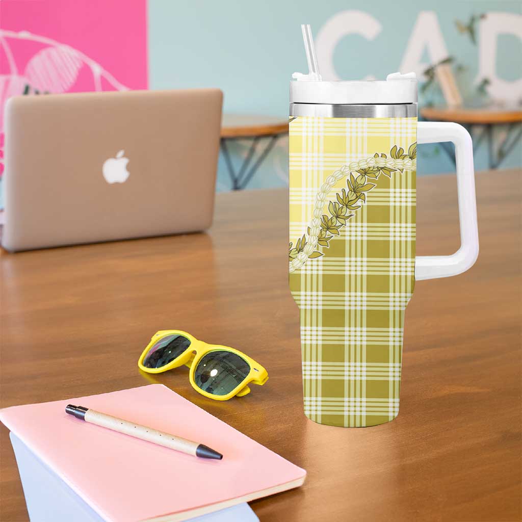 Yellow Hawaii Palaka Tumbler With Handle Hawaiian Pikake Lei