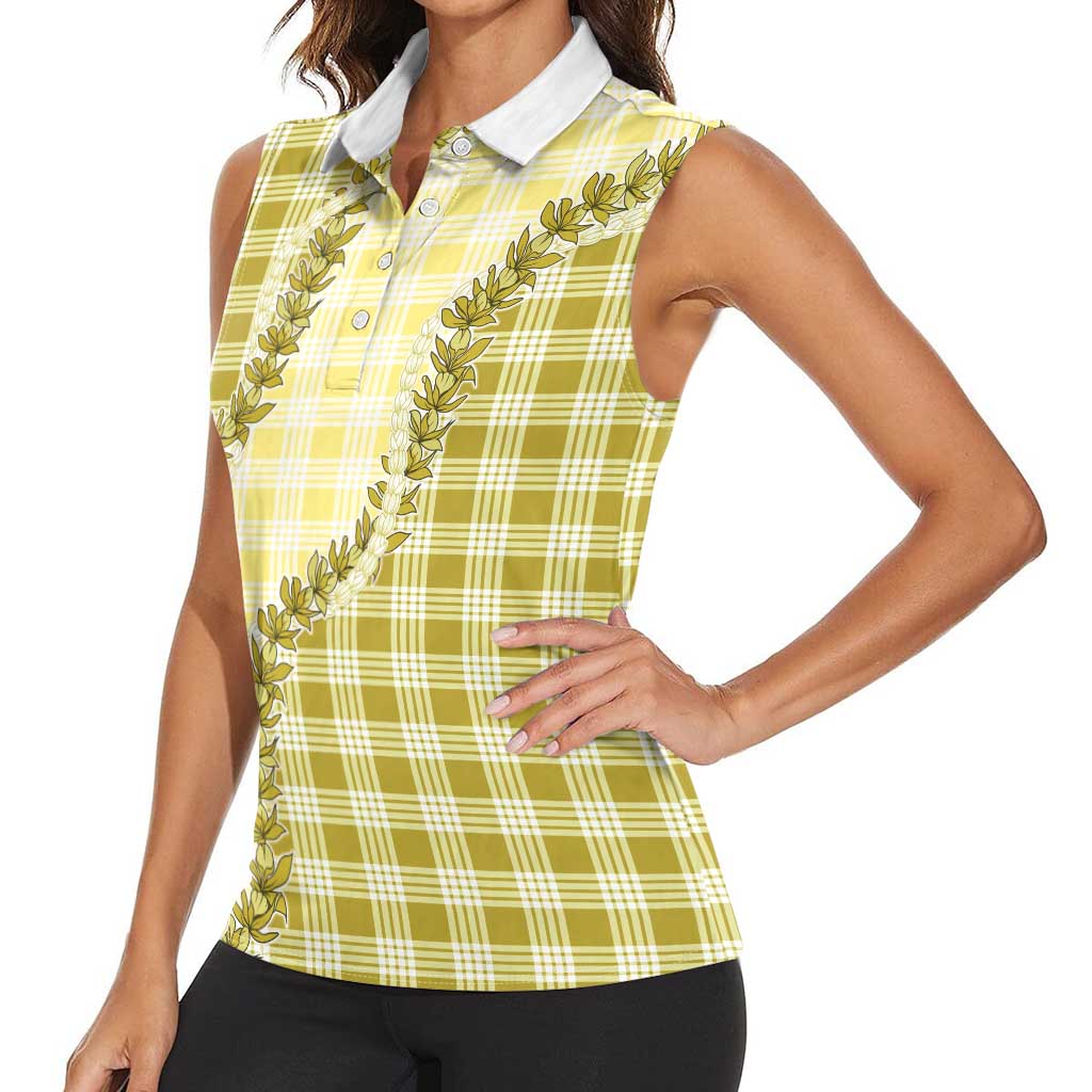 Yellow Hawaii Palaka Women Sleeveless Polo Shirt Hawaiian Pikake Lei