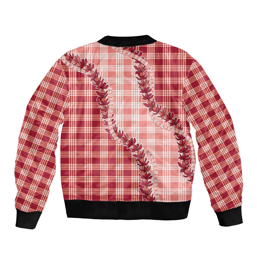 Red Hawaii Palaka Bomber Jacket Hawaiian Pikake Lei