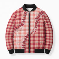 Red Hawaii Palaka Bomber Puffer Jacket Hawaiian Pikake Lei