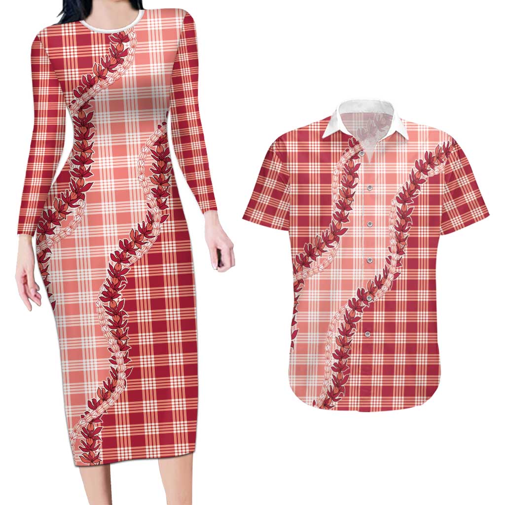 Red Hawaii Palaka Couples Matching Long Sleeve Bodycon Dress and Hawaiian Shirt Hawaiian Pikake Lei