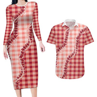 Red Hawaii Palaka Couples Matching Long Sleeve Bodycon Dress and Hawaiian Shirt Hawaiian Pikake Lei