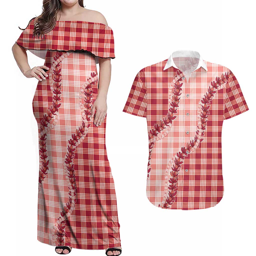 Red Hawaii Palaka Couples Matching Off Shoulder Maxi Dress and Hawaiian Shirt Hawaiian Pikake Lei