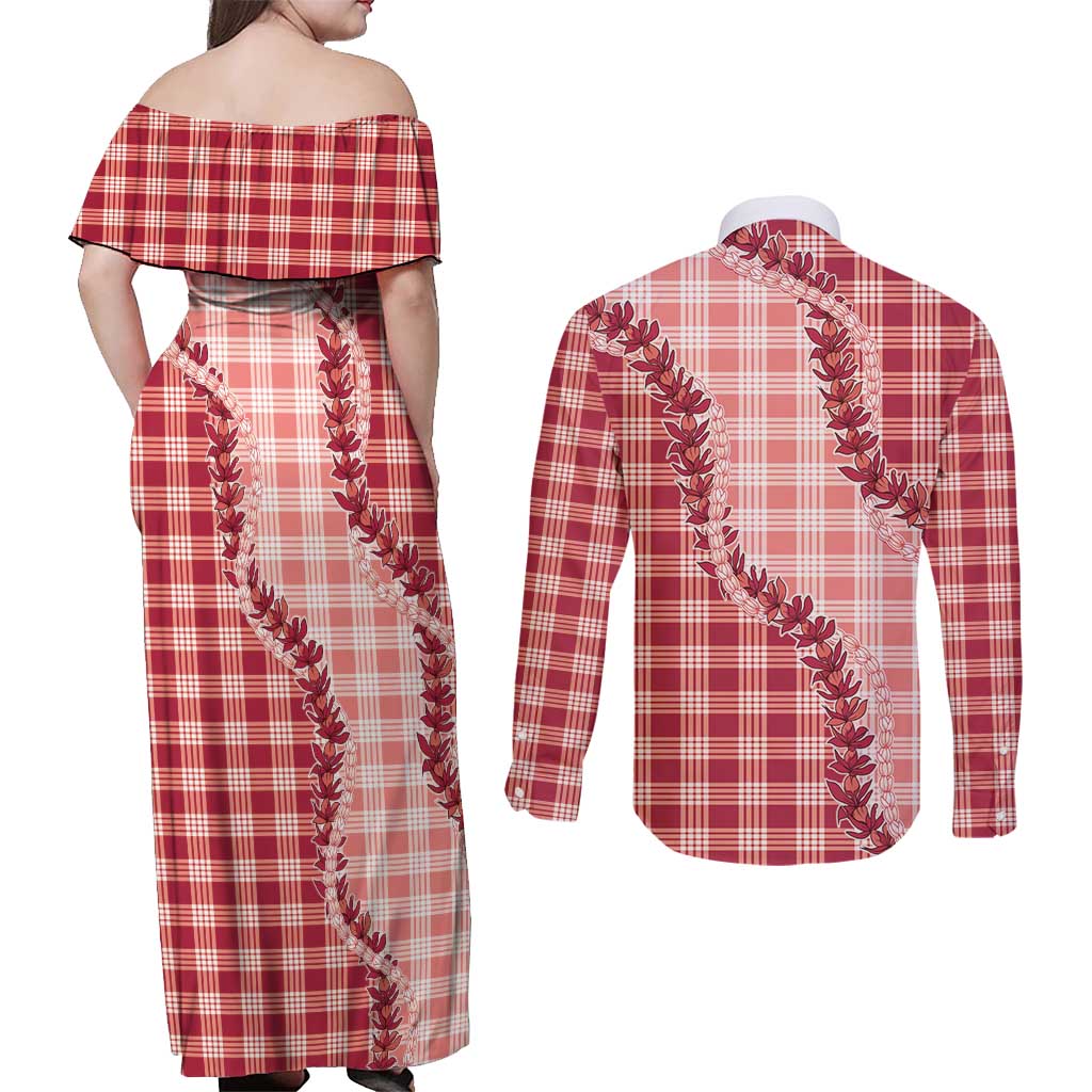 Red Hawaii Palaka Couples Matching Off Shoulder Maxi Dress and Long Sleeve Button Shirt Hawaiian Pikake Lei