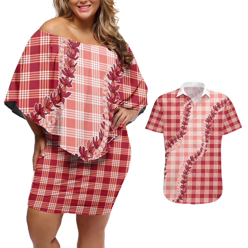 Red Hawaii Palaka Couples Matching Off Shoulder Short Dress and Hawaiian Shirt Hawaiian Pikake Lei