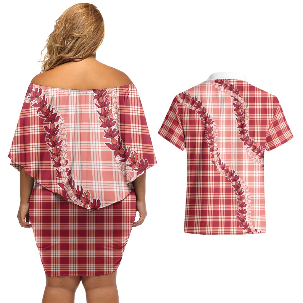 Red Hawaii Palaka Couples Matching Off Shoulder Short Dress and Hawaiian Shirt Hawaiian Pikake Lei