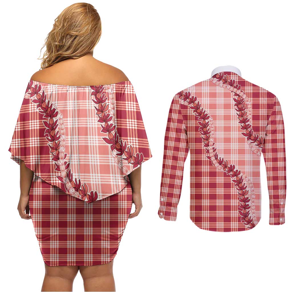 Red Hawaii Palaka Couples Matching Off Shoulder Short Dress and Long Sleeve Button Shirt Hawaiian Pikake Lei