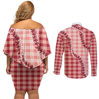Red Hawaii Palaka Couples Matching Off Shoulder Short Dress and Long Sleeve Button Shirt Hawaiian Pikake Lei