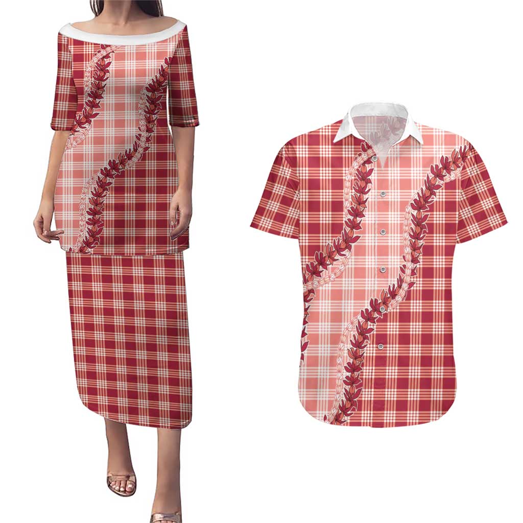 Red Hawaii Palaka Couples Matching Puletasi and Hawaiian Shirt Hawaiian Pikake Lei