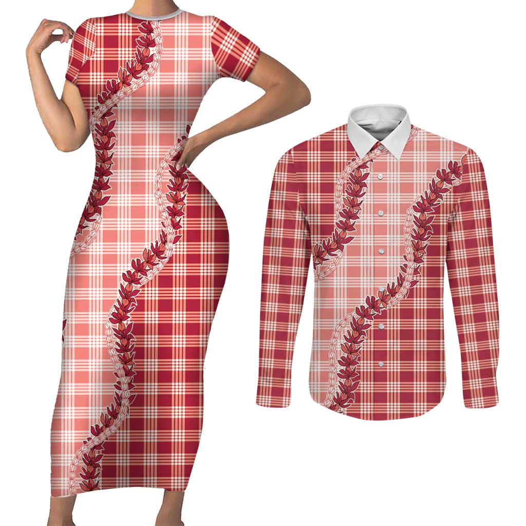 Red Hawaii Palaka Couples Matching Short Sleeve Bodycon Dress and Long Sleeve Button Shirt Hawaiian Pikake Lei