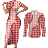 Red Hawaii Palaka Couples Matching Short Sleeve Bodycon Dress and Long Sleeve Button Shirt Hawaiian Pikake Lei