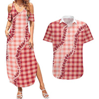 Red Hawaii Palaka Couples Matching Summer Maxi Dress and Hawaiian Shirt Hawaiian Pikake Lei