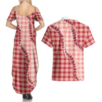 Red Hawaii Palaka Couples Matching Summer Maxi Dress and Hawaiian Shirt Hawaiian Pikake Lei