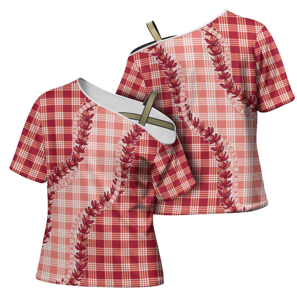 Red Hawaii Palaka Cross Shoulder Shirt Hawaiian Pikake Lei