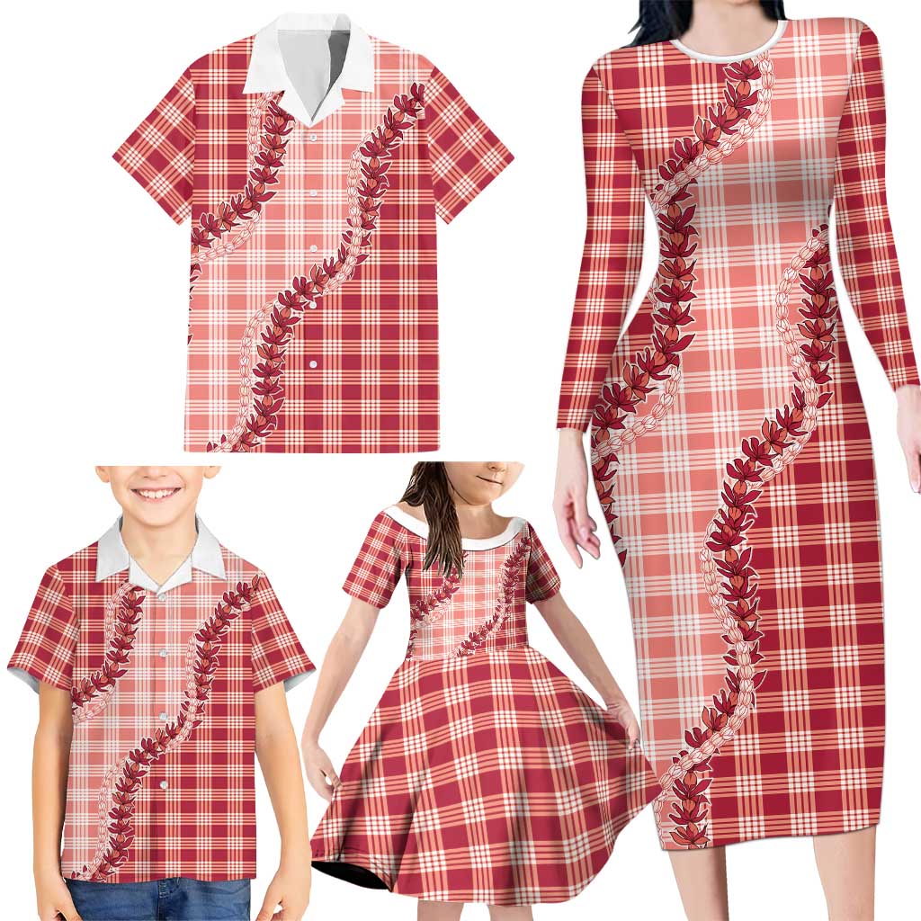 Red Hawaii Palaka Family Matching Long Sleeve Bodycon Dress and Hawaiian Shirt Hawaiian Pikake Lei LT05 - Polynesian Pride