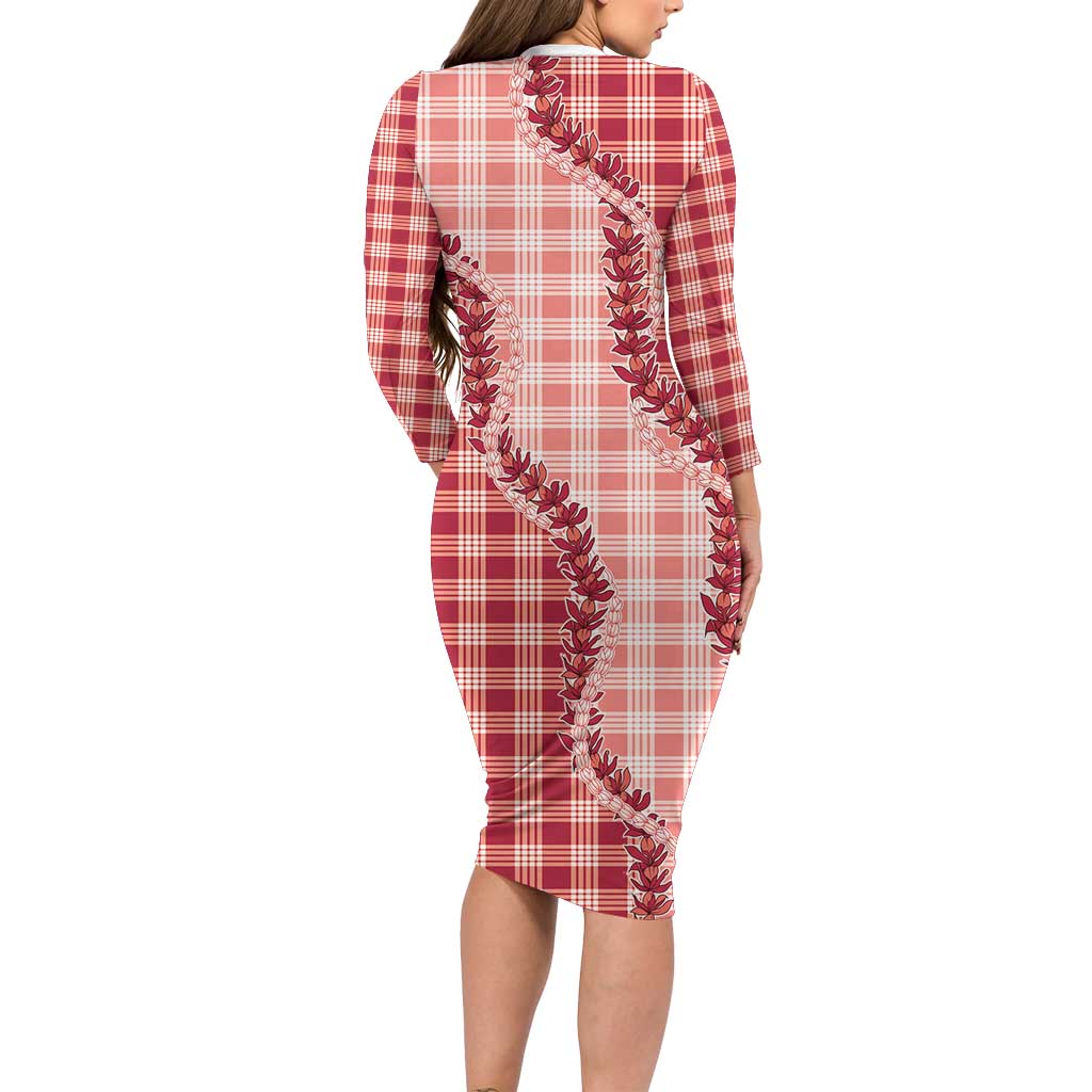 Red Hawaii Palaka Family Matching Long Sleeve Bodycon Dress and Hawaiian Shirt Hawaiian Pikake Lei LT05 - Polynesian Pride