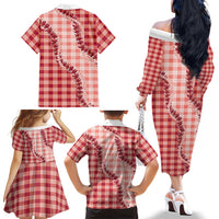 Red Hawaii Palaka Family Matching Off The Shoulder Long Sleeve Dress and Hawaiian Shirt Hawaiian Pikake Lei LT05 - Polynesian Pride