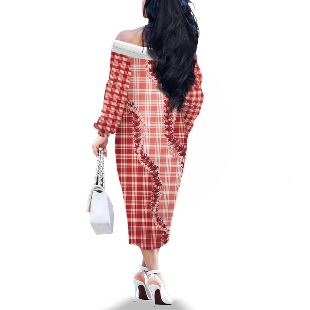 Red Hawaii Palaka Family Matching Off The Shoulder Long Sleeve Dress and Hawaiian Shirt Hawaiian Pikake Lei LT05 - Polynesian Pride