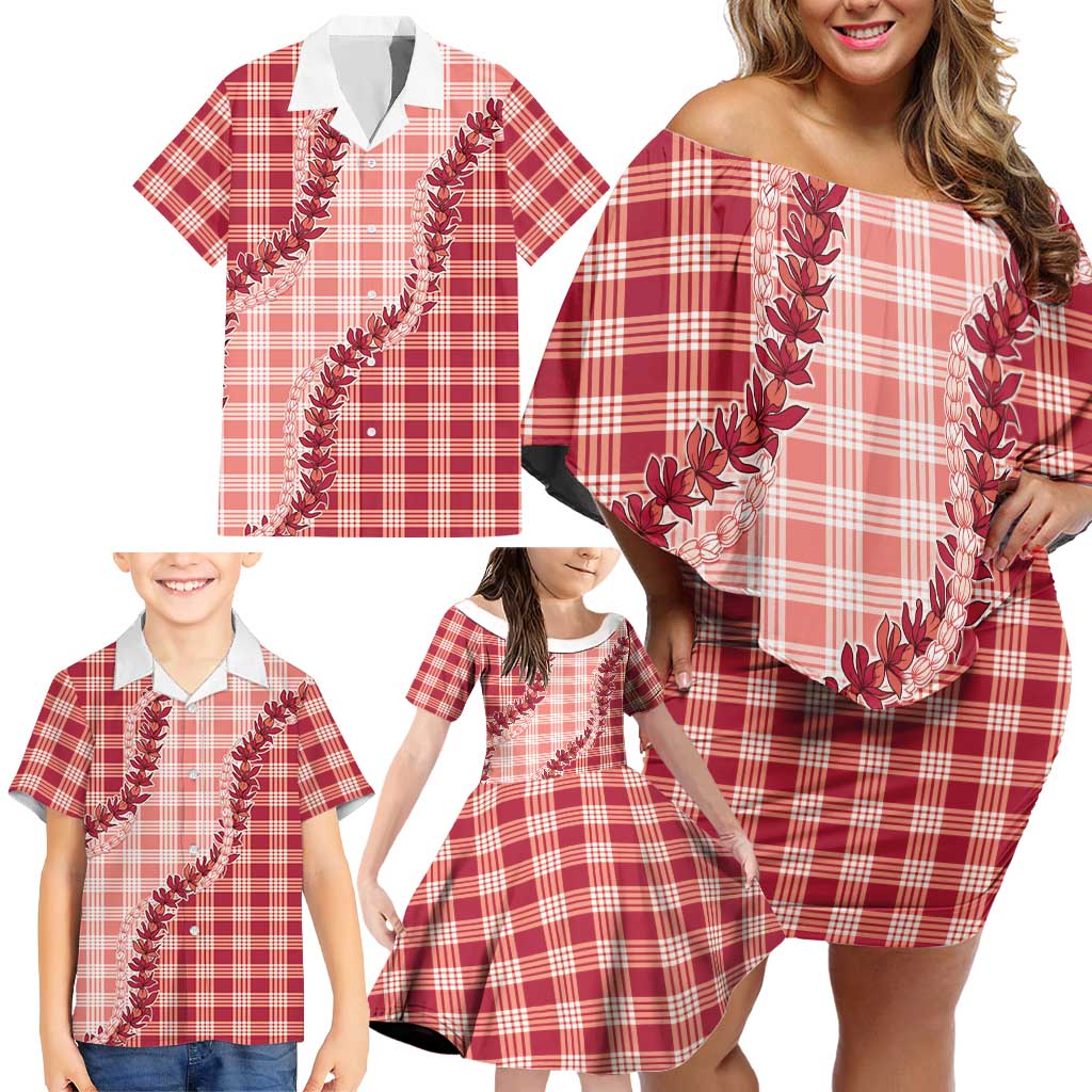 Red Hawaii Palaka Family Matching Off Shoulder Short Dress and Hawaiian Shirt Hawaiian Pikake Lei